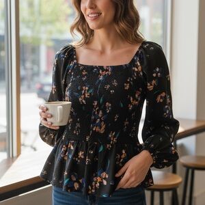 Ava-Viv Floral Smocked Peplum Top